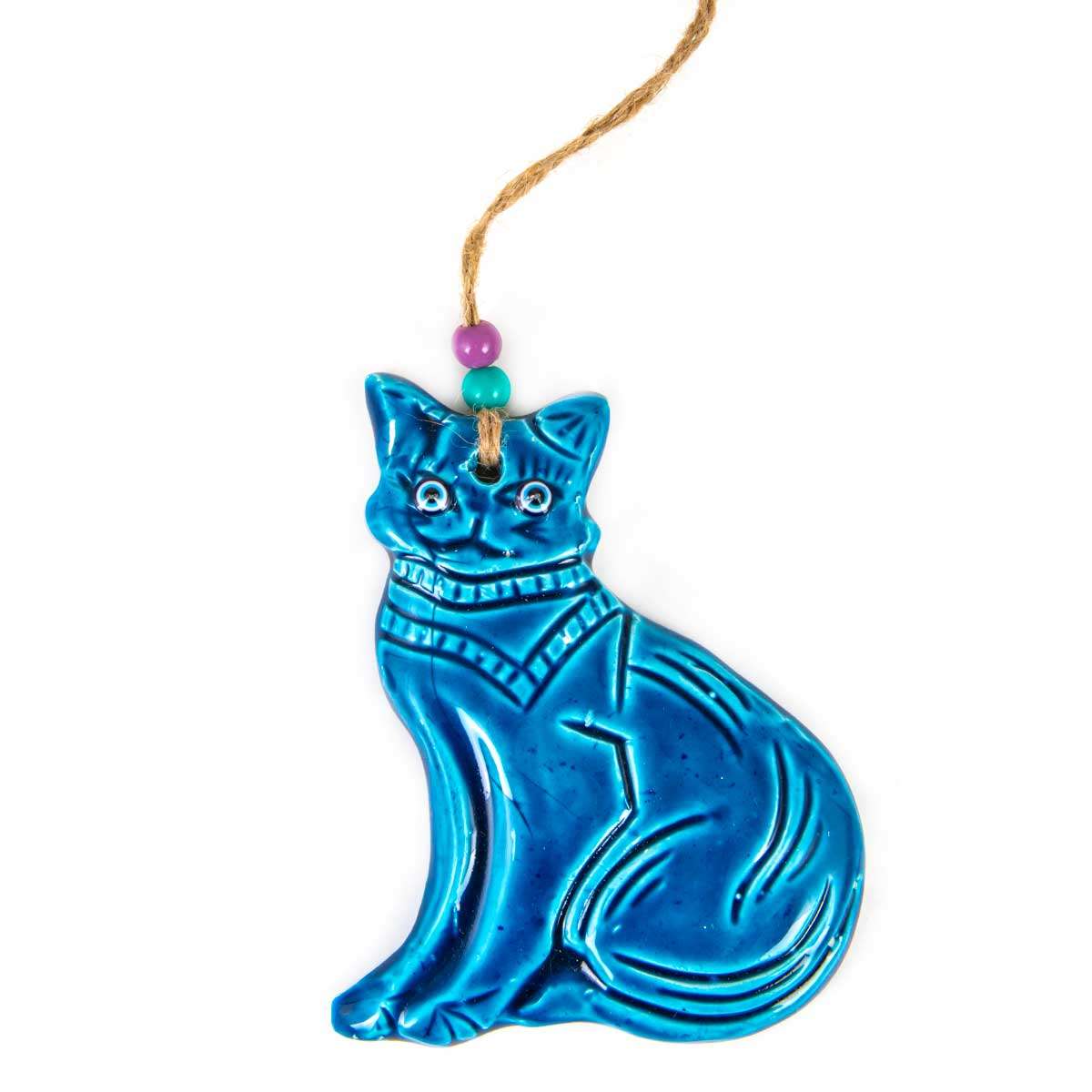 Handmade Ceramic Cat Wall Hanging - Blue