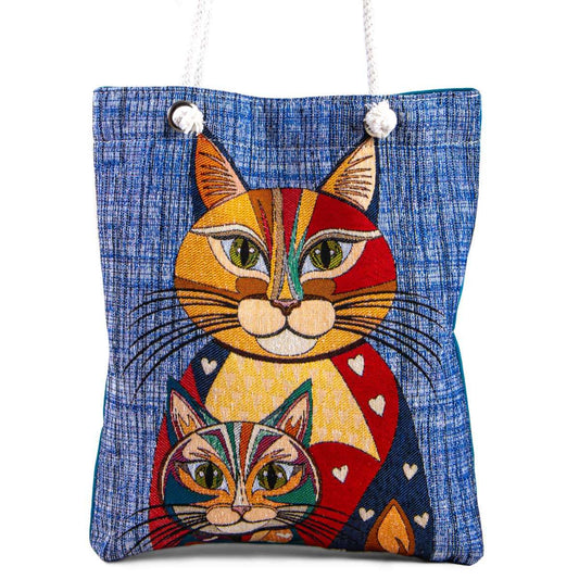 Vintage Blue Tapestry Shoulder Bag with Cat Design