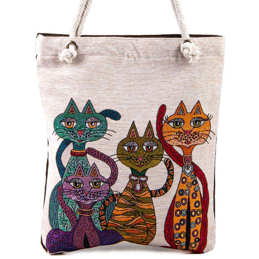 Vintage Tapestry Shoulder Bag with Cat Design