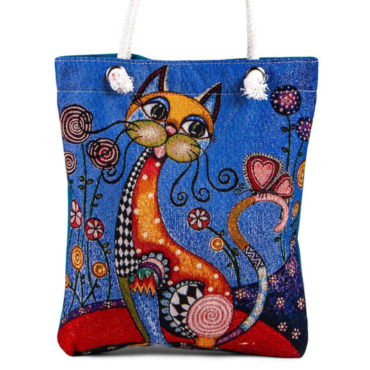 Vintage Blue Tapestry Shoulder Bag with Cat Design