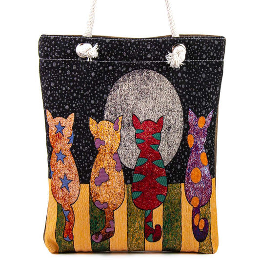 Vintage Tapestry Shoulder Bag with Cat Design