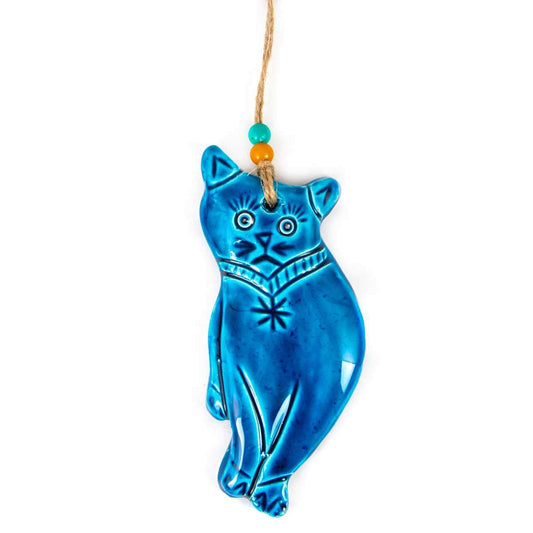 Handmade Ceramic Cat Wall Hanging - Blue