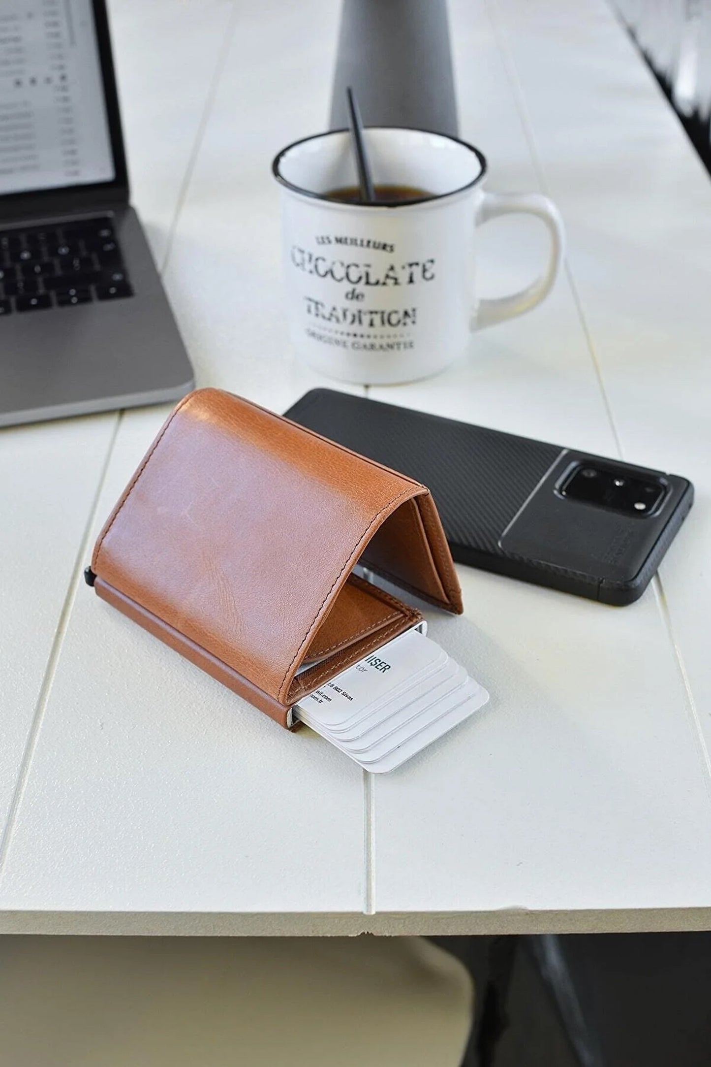 Leather Quick Card Access Trifold Wallet Tan
