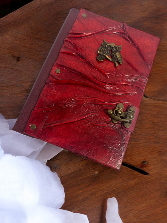 Handmade Leather Journal Owl Red