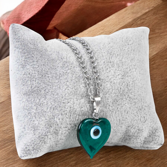 Glass Heart Evil Eye Pendant Necklace Green