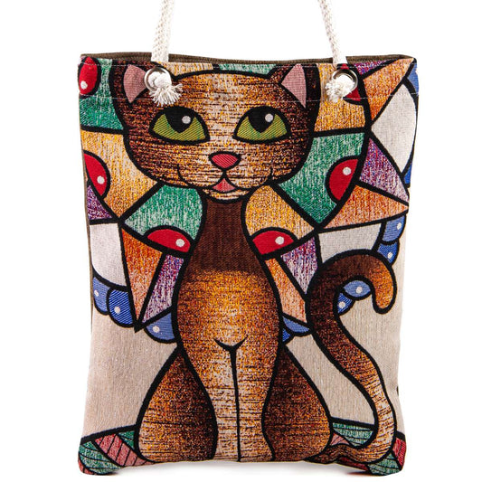 Vintage Blue Tapestry Shoulder Bag with Cat Design