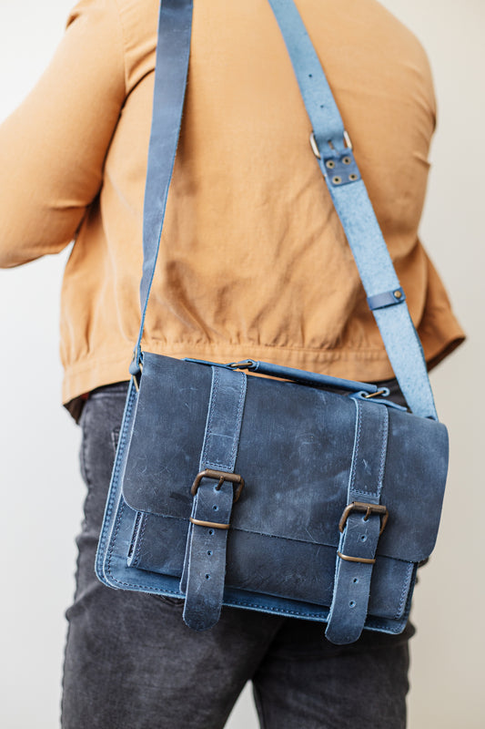Belt Strap Crazy Horse Blue Messenger Bag