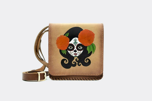 Hand-Painted Day of Death Leather Crossbody Hardcase