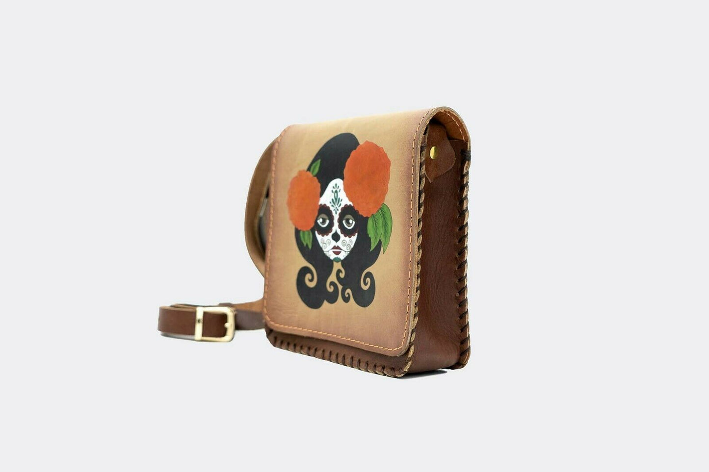 Hand-Painted Day of Death Leather Crossbody Hardcase