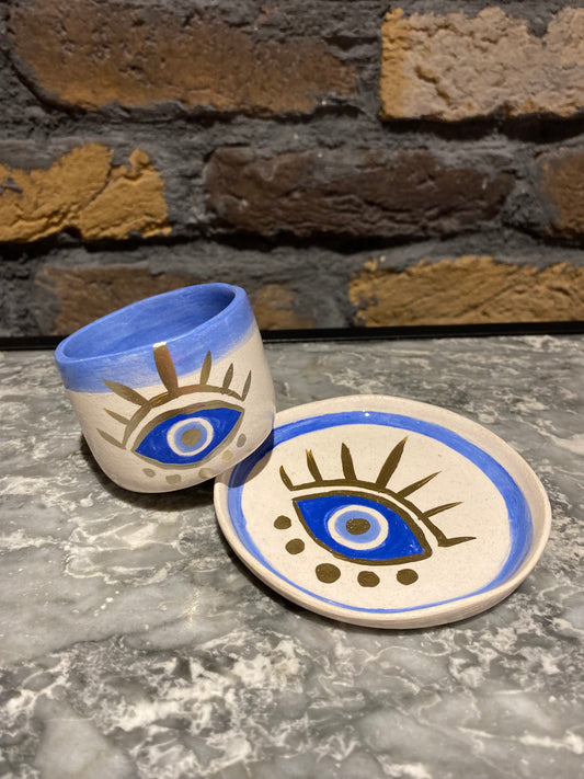 Handmade Pottery Turkish Greek Coffee Cup Sets Evil Eye