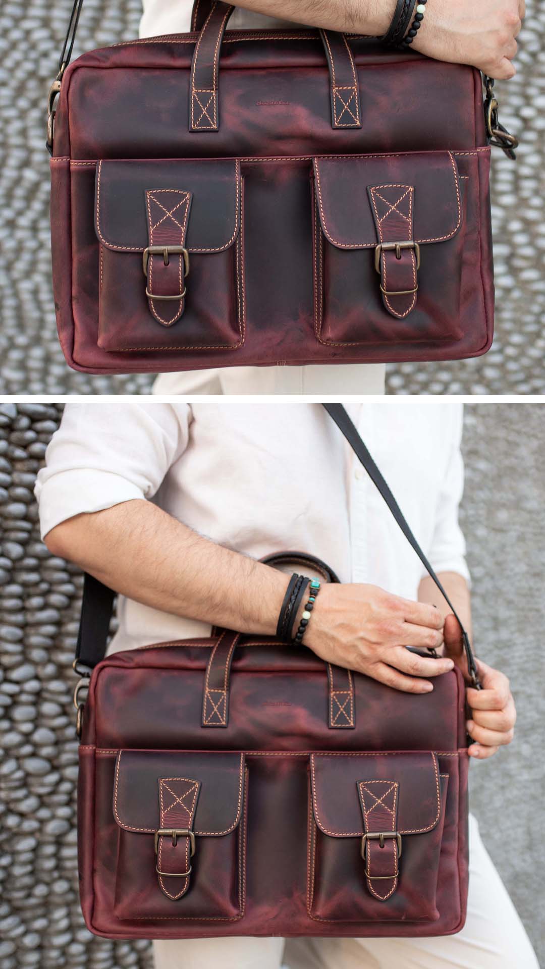 Two Pocket Belt Strap Briefcase- Burgundy