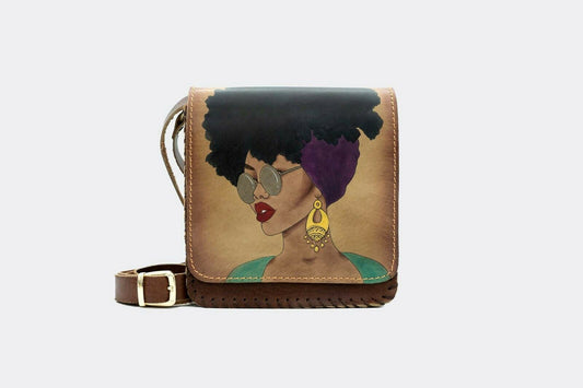 Hand-Painted Cool Afro Leather Crossbody Hardcase