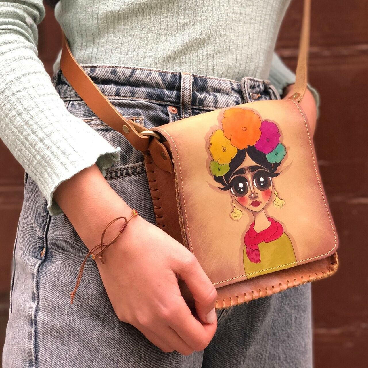 Hand-Painted Frida Leather Crossbody Hardcase